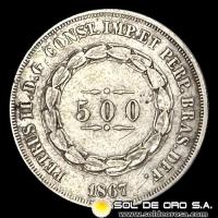 BRASIL - 500 REIS, 1867 - PEDRO II - MONEDA DE PLATA