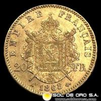 FRANCIA - EMPIRE FRANCAIS - NAPOLEON III - 20 FRANCOS, 1868 - MONEDA DE ORO