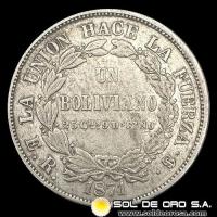 NA1 - BOLIVIA - UN BOLIVIANO, 1871 - MONEDA DE PLATA