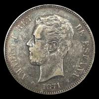 NA2 - ESPANHA - 5 PESETAS - 1871 - ESTRELLAS: 18-74 - AMADEO I REY DE ESPANHA - MONEDA DE PLATA