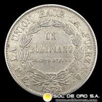 NA1 - BOLIVIA - 1 BOLIVIANO, 1872 - MONEDA DE PLATA