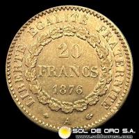 FRANCIA - REPUBLIQUE FRANCAISE - 20 FRANCOS, TIPO ANGEL ESCRIBIENDO - 1876 - MONEDA DE ORO