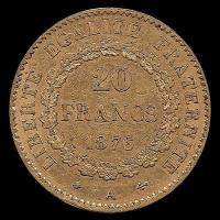  FRANCIA - REPUBLIQUE FRANCAISE - 20 FRANCOS, TIPO ANGEL ESCRIBIENDO, 1876 - MONEDA DE ORO