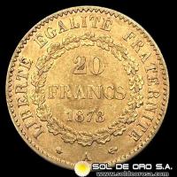 FRANCIA - REPUBLIQUE FRANCAISE - 20 FRANCOS, TIPO ANGEL ESCRIBIENDO, 1878 - MONEDA DE ORO