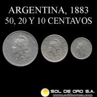 NA1 - REPUBLICA ARGENTINA - SET DE CENTAVOS, 1883 - 50, 20 Y 10 CENTAVOS - MONEDAS DE PLATA