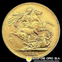 INGLATERRA - SOVEREIGN, LIBRA INGLESA (VICTORIA JOVEN) - 1886 - MONEDA DE ORO