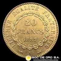 FRANCIA - REPUBLIQUE FRANCAISE - 20 FRANCOS, TIPO ANGEL ESCRIBIENDO - 1887 - MONEDA DE ORO