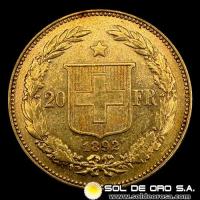 SUIZA - CONFEDERACION HELVETICA - 20 FRANCOS, 1892 - MONEDA DE ORO 