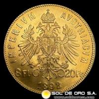 AUSTRIA - IMPERIO AUSTRIACO - 8 FLORINES / 20 FRANCOS, 1892 - MONEDA DE ORO