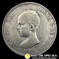 NA2 - ESPAÑA - 5 PESETAS, 1892 - ALFONSO XIII REY DE ESPAÑA - MONEDA DE PLATA