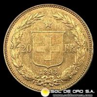 SUIZA - CONFEDERACION HELVETICA - 20 FRANCOS, 1893 - MONEDA DE ORO 