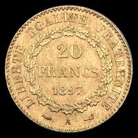 FRANCIA - 20 FRANCOS, TIPO ANGEL ESCRIBIENDO, 1897 - MONEDA DE ORO
