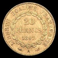 FRANCIA - REPUBLIQUE FRANCAISE - 20 FRANCOS, TIPO ANGEL ESCRIBIENDO, 1897 - MONEDA DE ORO