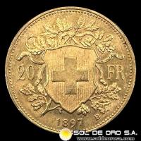 SUIZA - 20 FRANCOS, VRENELLI - 1897 - MONEDA DE ORO