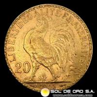FRANCIA - REPUBLIQUE FRANCAISE - 20 FRANCOS, TIPO ROOSTER, 1906 - MONEDA DE ORO