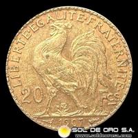 FRANCIA - 20 FRANCOS, TIPO ROOSTER, 1907 - MONEDA DE ORO