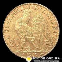 FRANCIA - REPUBLIQUE FRANCAISE - 20 FRANCOS, TIPO ROOSTER - 1907 - MONEDA DE ORO