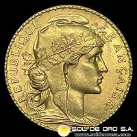 FRANCIA - REPUBLIQUE FRANCAISE - 20 FRANCOS, TIPO ROOSTER - 1905 - MONEDA DE ORO