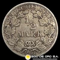 NA1 - ALEMANIA - 1/2 MARK, 1908 - MONEDA DE PLATA