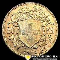 SUIZA - 20 FRANCOS, VRENELLI - 1910 - MONEDA DE ORO