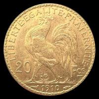 FRANCIA - REPUBLIQUE FRANCAISE - 20 FRANCOS, TIPO ROOSTER, 1910 - MONEDA DE ORO