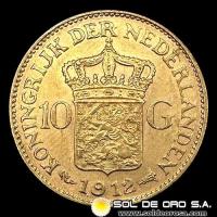 HOLANDA - 10 GULDEN, GUILLERMINA - 1912 - MONEDA DE ORO