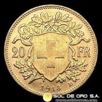 SUIZA - 20 FRANCOS, VRENELLI - 1913 - MONEDA DE ORO