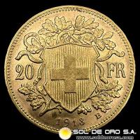 SUIZA - 20 FRANCOS, VRENELLI - 1913 - MONEDA DE ORO