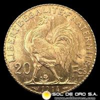 FRANCIA - REPUBLIQUE FRANCAISE - 20 FRANCOS, TIPO ROOSTER - 1914 - MONEDA DE ORO