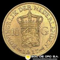 HOLANDA - 10 GULDEN, GUILLERMINA - 1917 - MONEDA DE ORO