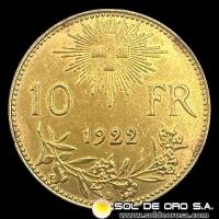 SUIZA - 10 FRANCOS, VRENELLI - 1922 - MONEDA ORO
