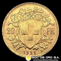 SUIZA - 20 FRANCOS, VRENELLI - 1922 - MONEDA DE ORO