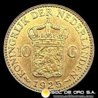 HOLANDA - 10 GULDEN, GUILLERMINA - 1925 - MONEDA DE ORO