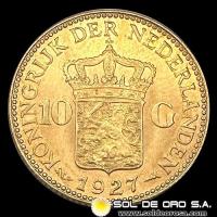 HOLANDA - 10 GULDEN, GUILLERMINA - 1927 - MONEDA DE ORO