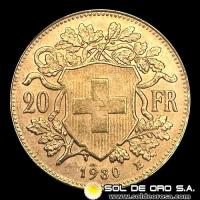 SUIZA - 20 FRANCOS, VRENELLI - 1930 - MONEDA DE ORO