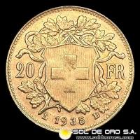 SUIZA - 20 FRANCOS, VRENELLI - 1935 - MONEDA DE ORO