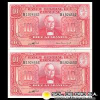 NUMIS - BILLETES DEL PARAGUAY - 1952 - DIEZ GUARANIES (MC205.f) - FIRMAS: OSCAR STARK RIVAROLA - CESAR ROMEO ACOSTA - NUMEROS CORRELATIVOS - BANCO CENTRAL DEL PARAGUAY