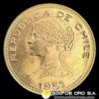 REPUBLICA DE CHILE - 100 PESOS (DIEZ CONDORES), 1951 - MONEDA DE ORO