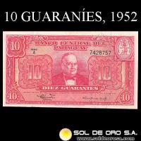 NUMIS - BILLETES DEL PARAGUAY - 1952 - DIEZ GUARANIES (MC205.d) - FIRMAS: PEDRO R. CHAMORRO - CESAR ROMEO ACOSTA - BANCO CENTRAL DEL PARAGUAY