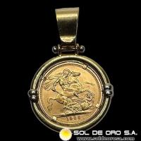 INGLATERRA - SOVEREIGN, LIBRA INGLESA (ELIZABETH II - SIN CORONA) - 1963 - ENGARCE DE 18K - MONEDA DE ORO