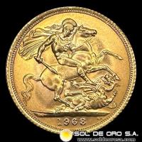 INGLATERRA - SOVEREIGN, LIBRA INGLESA (ELIZABETH II - SIN CORONA), 1968 - MONEDA DE ORO