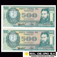 NUMIS - BILLETES DEL PARAGUAY - 1981 - QUINIENTOS GUARANIES (MC217.f) - FIRMAS: CARLOS AQUINO BENITEZ - DIONISIO CORONEL - NUMEROS CORRELATIVOS - BANCO CENTRAL DEL PARAGUAY