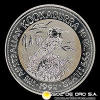 AUSTRALIA - 10 DOLLARS, 1992 - AUSTRALIAN KOOKABURRA - 10 OUNCES - MONEDA DE PLATA