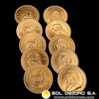 SUDAFRICA - 1/10 oz., KRUGERRAND - 2022 - LOTE DE 10 MONEDAS DE ORO