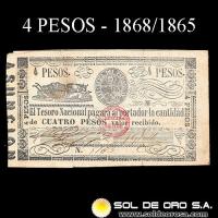 NUMIS - BILLETES DEL PARAGUAY - 1868 - CUATRO PESOS (A.A.2) - FIRMAS: M. PEREZ - JUAN G. VALLE - TERCERA SERIE - TESORO NACIONAL