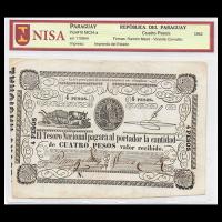 NUMIS - BILLETES DEL PARAGUAY - 1862 - CUATRO PESOS (MC24.a) - FIRMAS: RAMON MAZO - VICENTE CORVALAN - TESORO NACIONAL