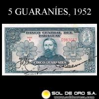 NUMIS - BILLETES DEL PARAGUAY - 1952 - CINCO GUARANIES (MC204.a) - FIRMAS: HERMOGENES GONZALEZ MAYA - EPIFANIO MENDEZ - BANCO CENTRAL DEL PARAGUAY