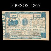 NUMIS - BILLETES DEL PARAGUAY - 1865 - CINCO PESOS (MC33) - FIRMAS: FELIX LARROSA - ANTONIO IRALA - TESORO NACIONAL