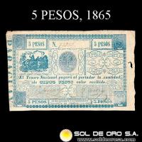 NUMIS - BILLETES DEL PARAGUAY - 1865 - CINCO PESOS (MC33) - FIRMAS: FELIX LARROSA - ANTONIO IRALA - TESORO NACIONAL