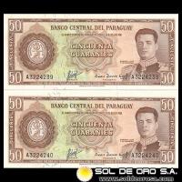 NUMIS - BILLETES DEL PARAGUAY - 1963 - CINCUENTA GUARANIES (MC213.b1) - FIRMAS: AUGUSTO COLMAN VILLAMAYOR - CESAR ROMEO ACOSTA - VARIANTE ABAJO-ABAJO - NUMEROS CORRELATIVOS - BANCO CENTRAL DLE PARAGUAY